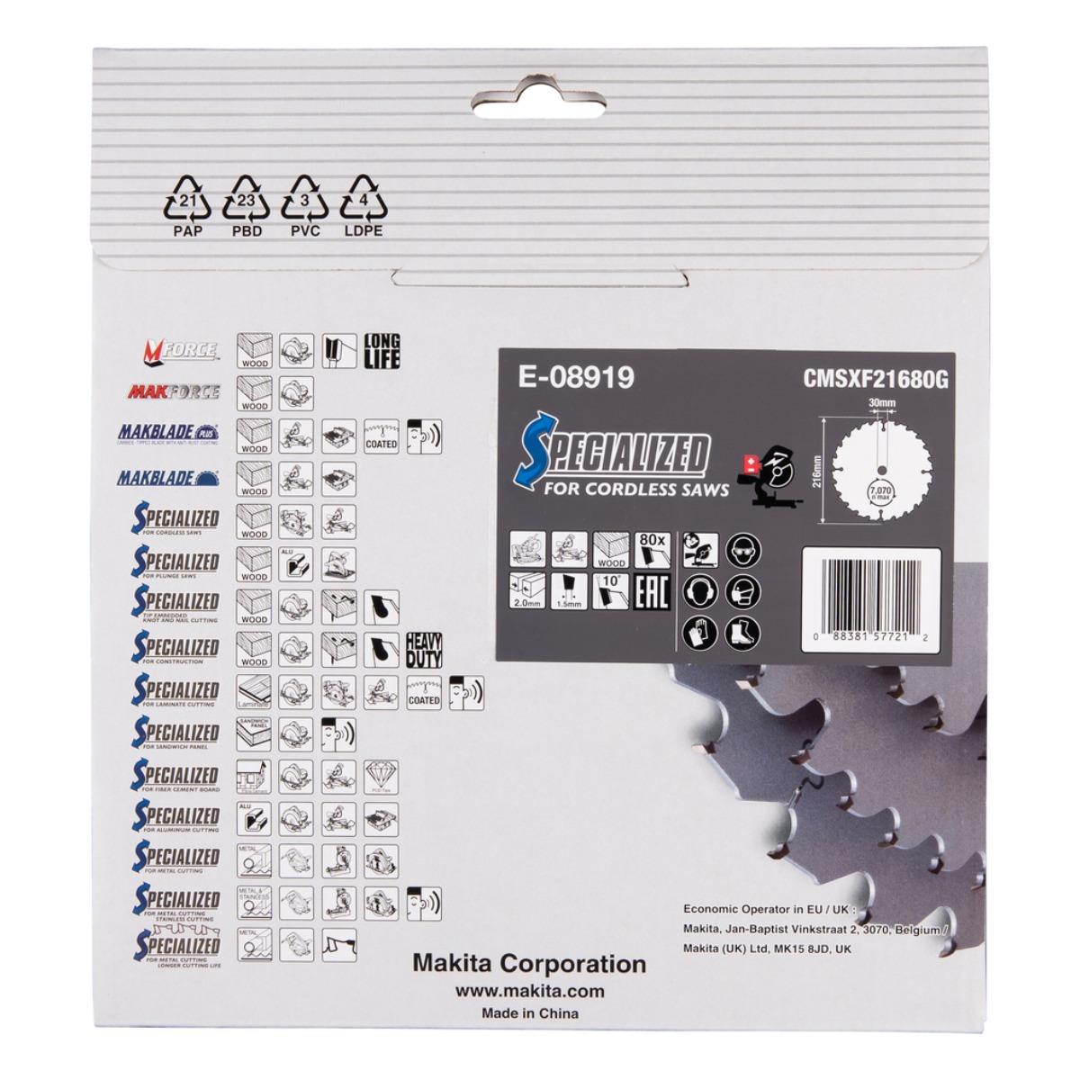 Makita E-08919 Efficut TCT Circular Saw Blade 216mm x 30mm x 80T