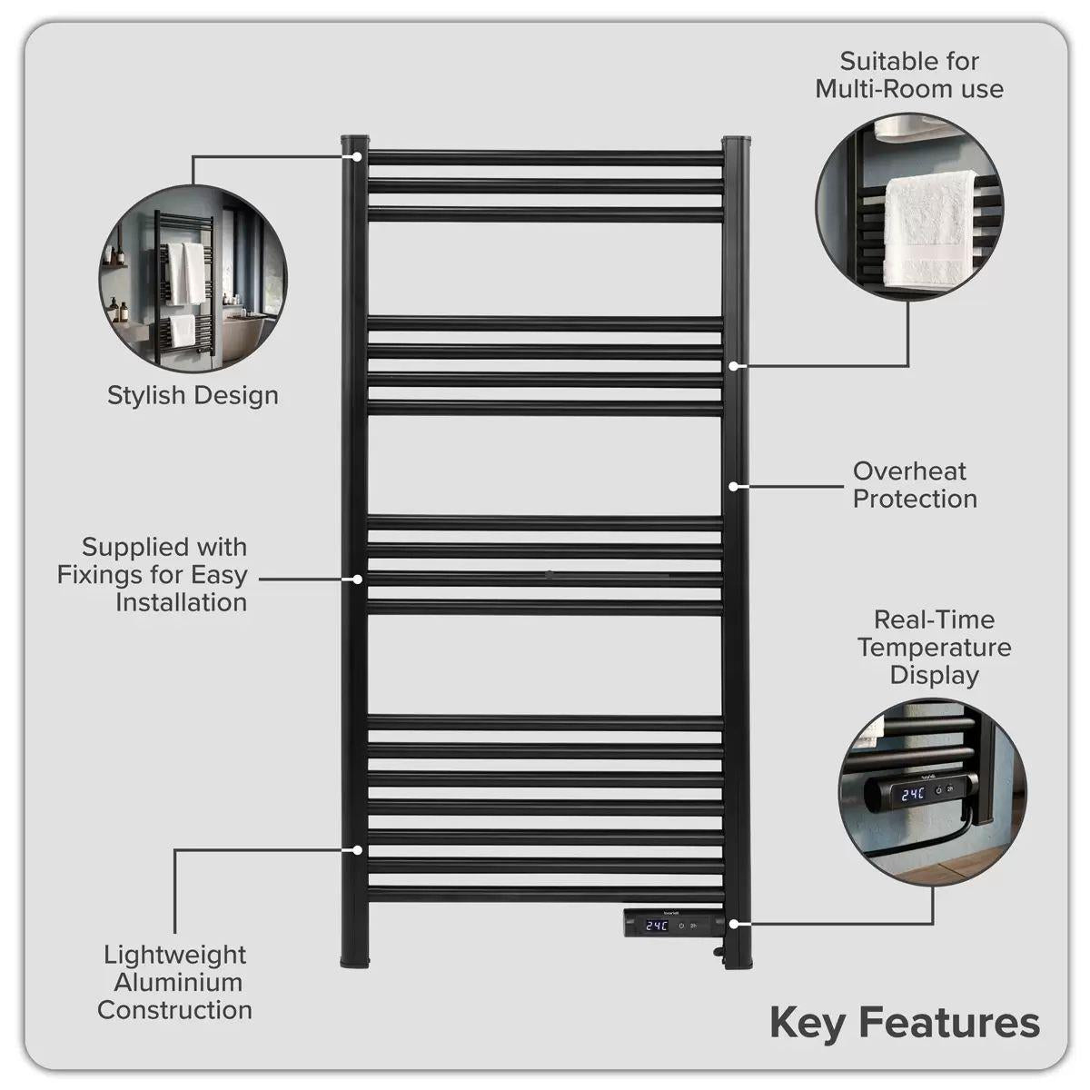 Sealey DH371 Baridi Electric Heated Towel Rail 1085 x 535mm with LED Display Black 230V