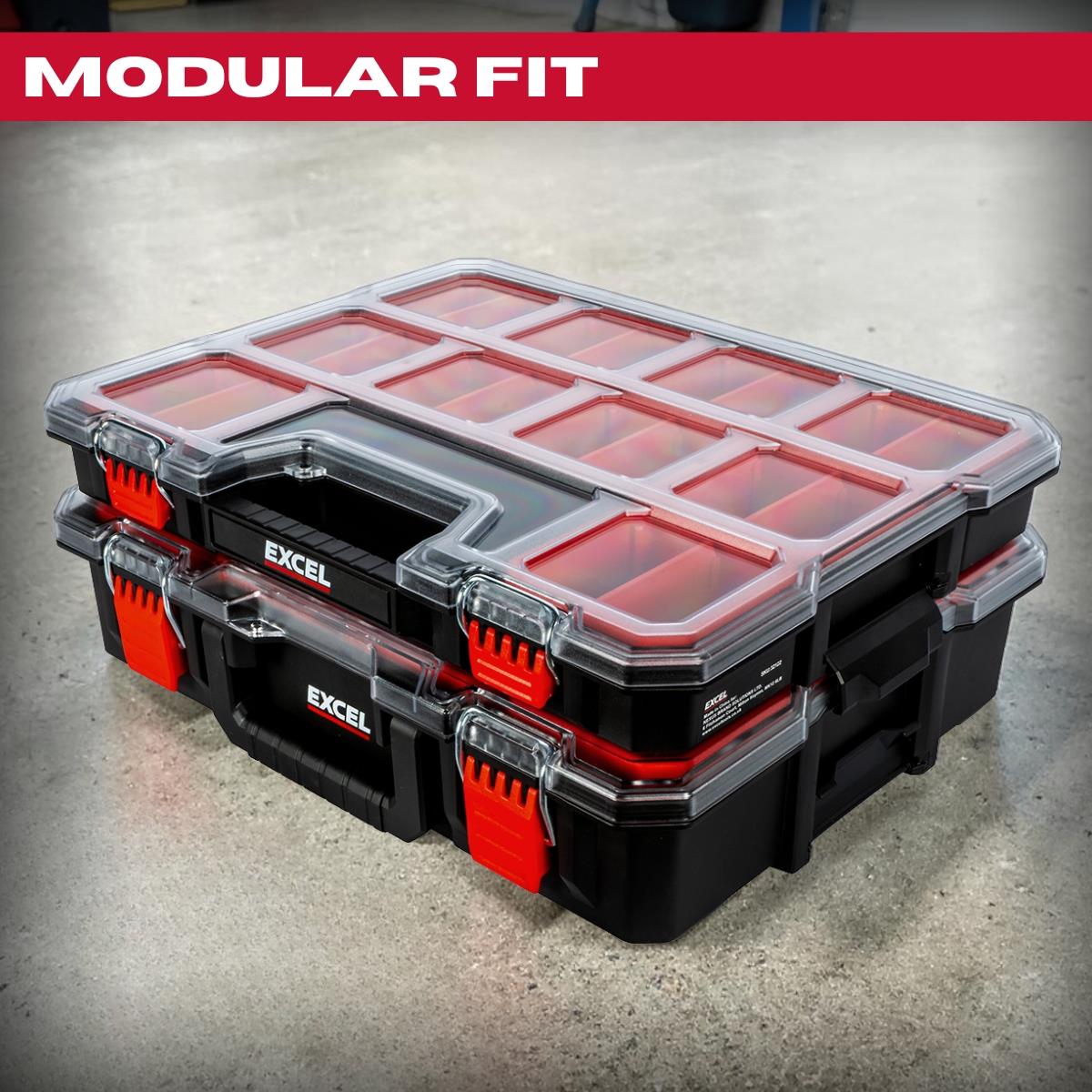 Excel 2-in-1 Tool Organiser Case, Portable Storage with Custom Dividers & Clear Lid