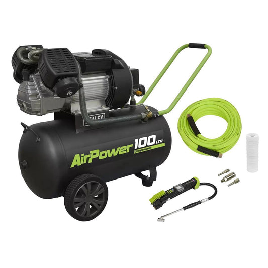Sealey SAC10030VEKIT 100L Direct Drive V-Twin Air Compressor 3hp with Air Accessory Kit