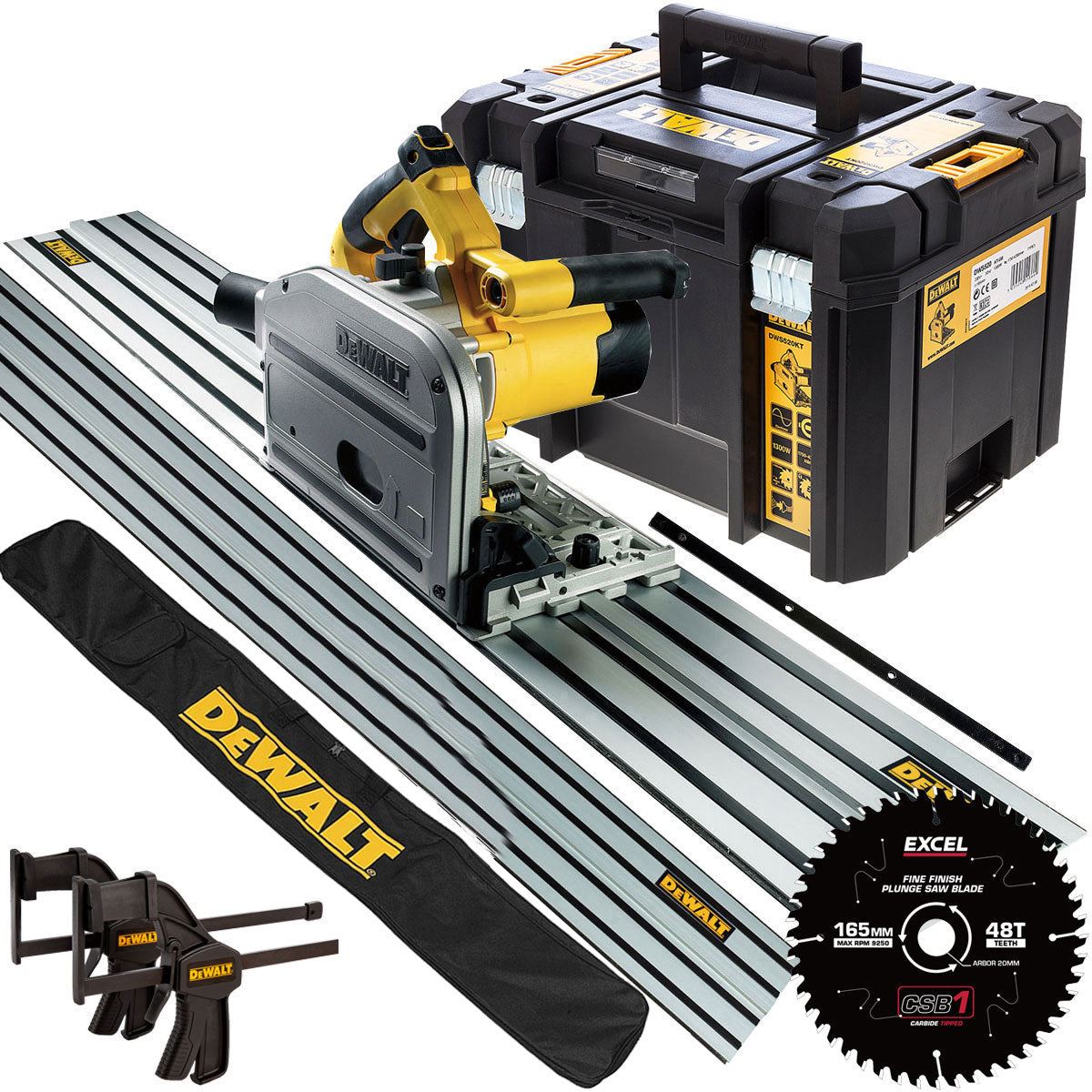 Dewalt DWS520KT 240V Plunge Saw + 2 x 1.5m Guide Rails Connector Clamps with Blade & Bag