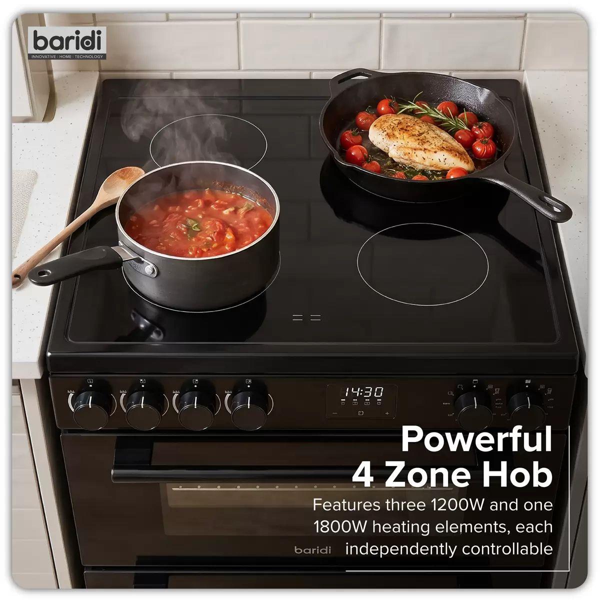 Sealey DH429 Baridi 60cm Freestanding Cooker with 99L Double Cavity & Ceramic Hob Black 240V
