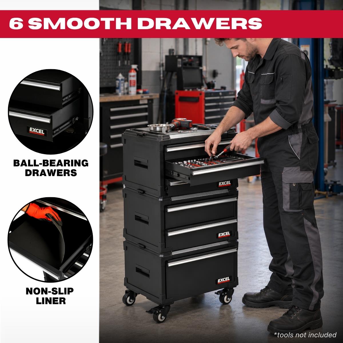 Excel 6 Drawer Modular Rolling Tool Box Stackable with Stainless Steel Worktop