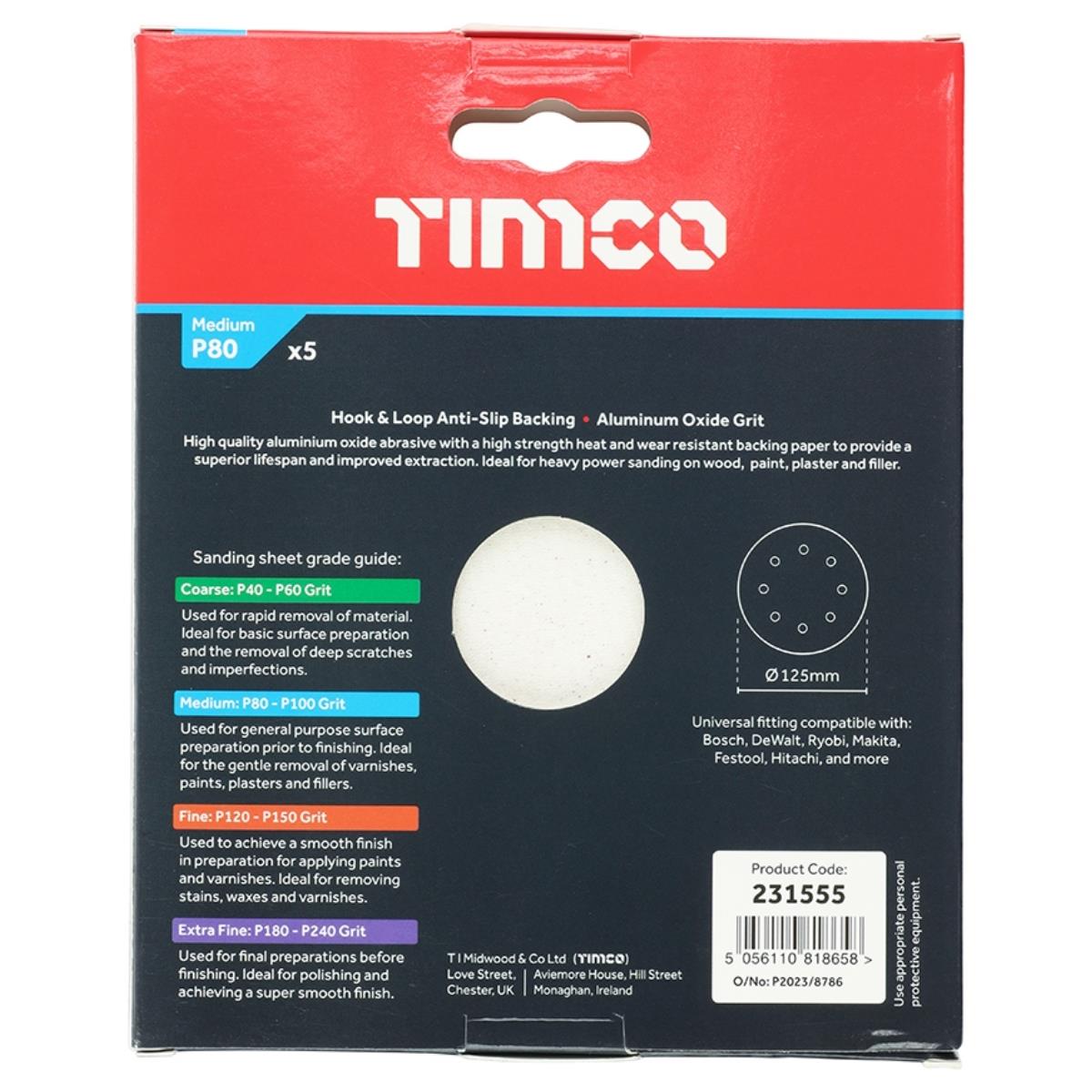 Timco 125mm Hook & Loop Random Orbital Sanding Discs 80 Grit Pack of 5 - 231555