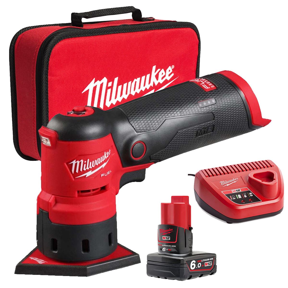 Milwaukee M12FDSS-0B 12V Brushless Spot Sander with 1 x 6.0Ah Battery Charger & Bag