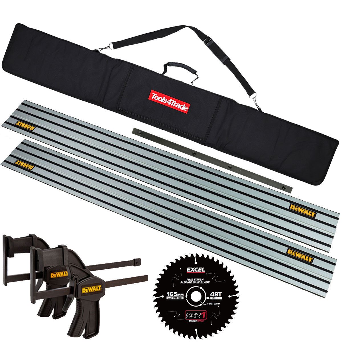 DeWalt Plunge Saw Kit 1.5m Guide Rail, Rail Bag, Connector, Twin Clamp, 48T Blade