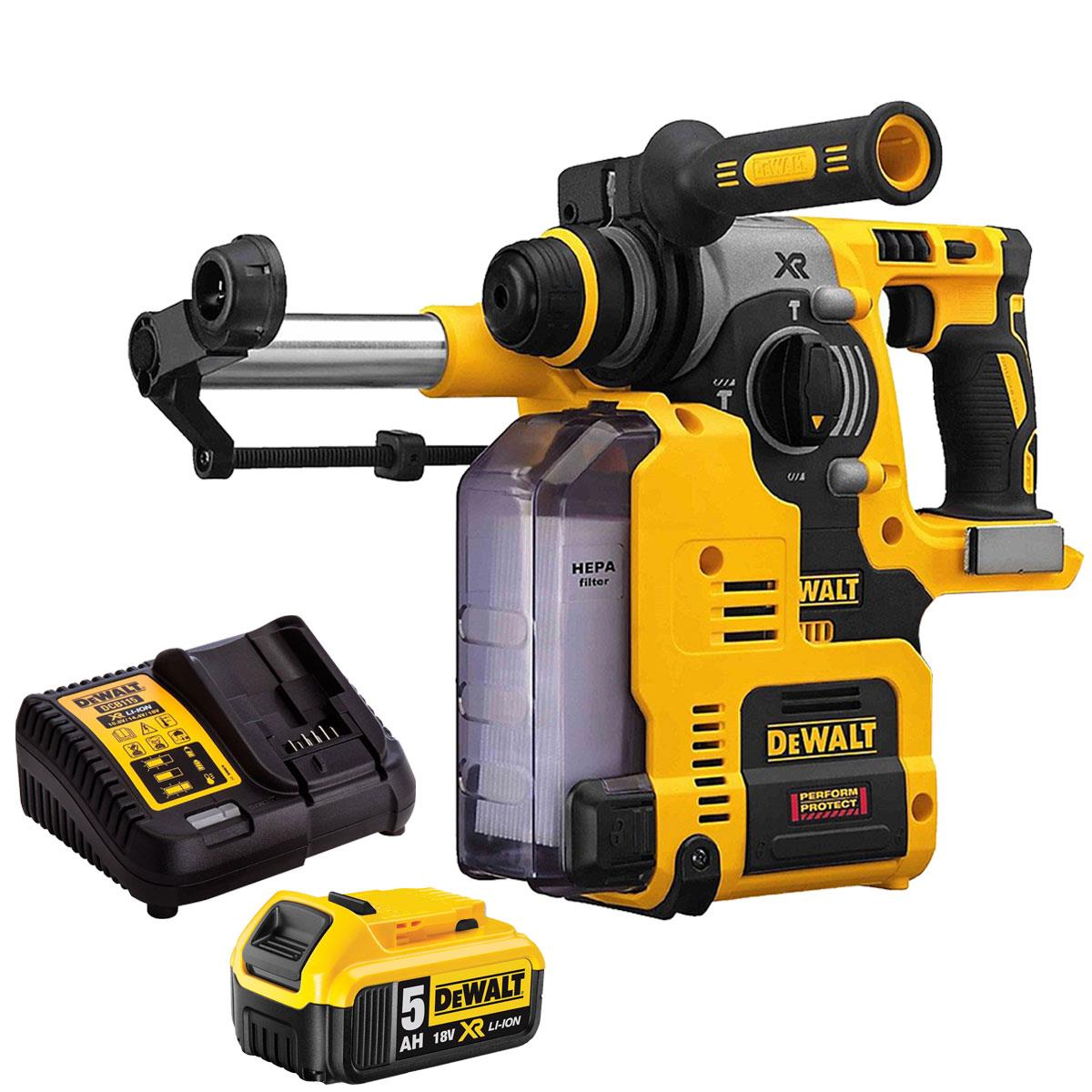Dewalt DCH273N 18V XR SDS+ Rotary Hammer Drill With Dust Extraction System & 1 x 5.0Ah Battery Charger