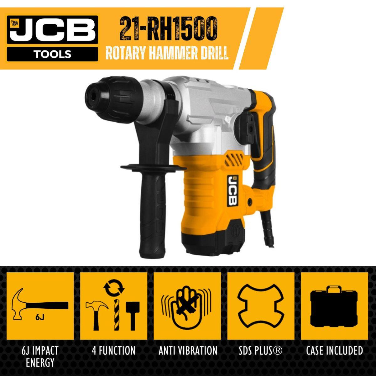 JCB 21-RH1500 Corded SDS Plus Rotary Hammer Drill Anti-Vibration Handle With 3m Cable 230V/1500W