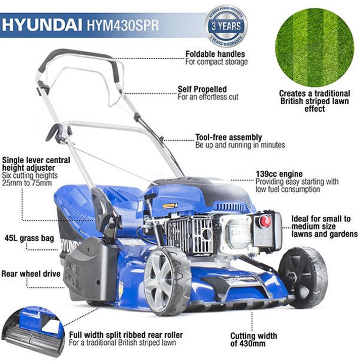 Hyundai HYM430SPR 43cm Self-Propelled Petrol Roller Lawnmower, 25-75mm Cuts & Rear Discharge