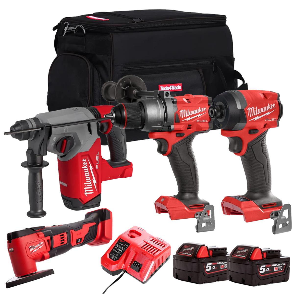 Milwaukee M18FPP21Z-502B 18V 4 Piece Power Tool Kit With 2 x 5.0Ah Batteries Charger & Bag
