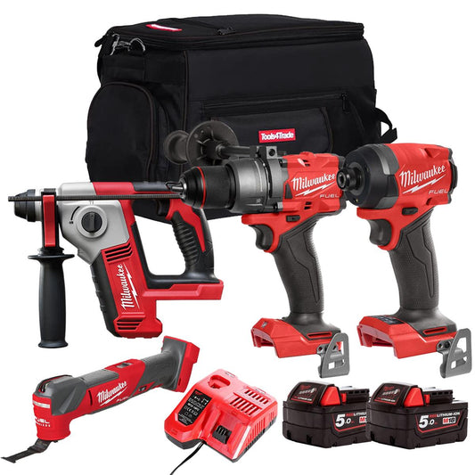 Milwaukee M18FPP14Z-502B 18V 4 Piece Power Tool Kit With 2 x 5.0Ah Batteries Charger & Bag