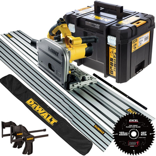 Dewalt DWS520KTL 110V Plunge Saw + 2 x 1.5m Guide Rails Connector Clamps with Blade & Bag