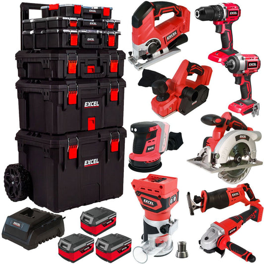 Excel 18V 9 Piece Power Tool Kit with 3 x 4.0Ah Batteries & Charger & Trolley Toolbox