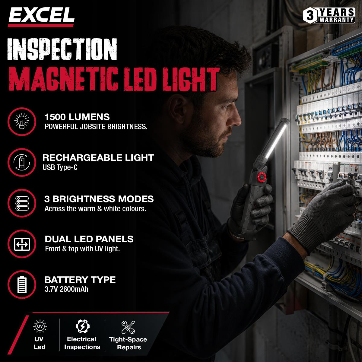 Excel 1500 Lumens LED Rechargeable Inspection Magnetic Light