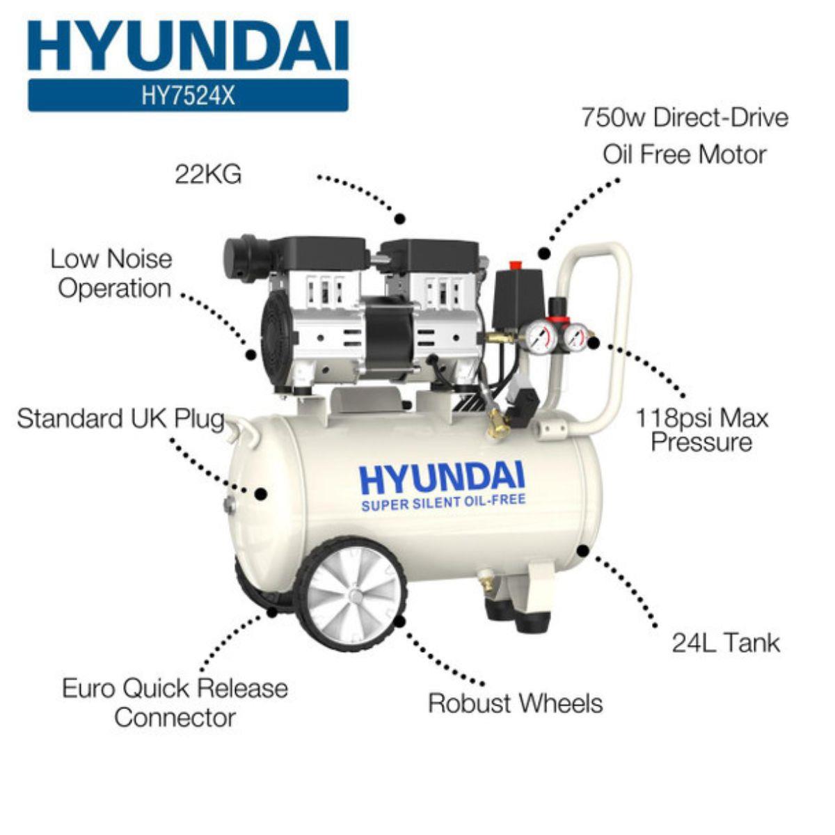 Hyundai HY7524X 24L Oil Free Low Noise Portable Air Compressor 118psi Direct Drive 230V/750W