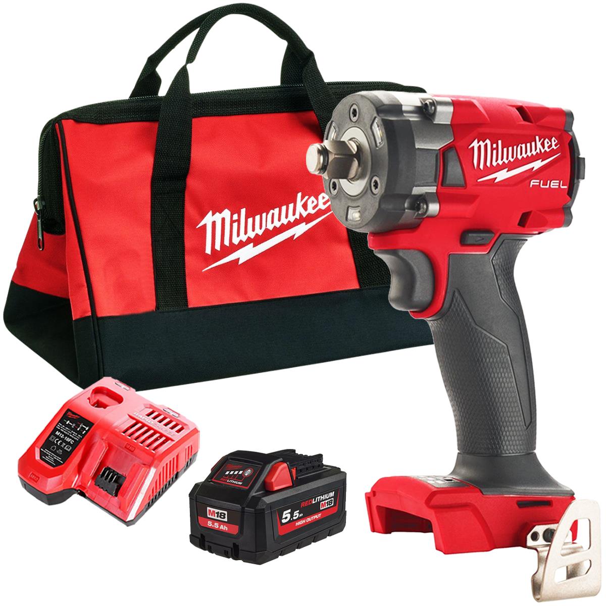 Milwaukee M18FIW2F12-0 18V Brushless Impact Wrench with 1 x 5.5Ah Battery Charger & Bag