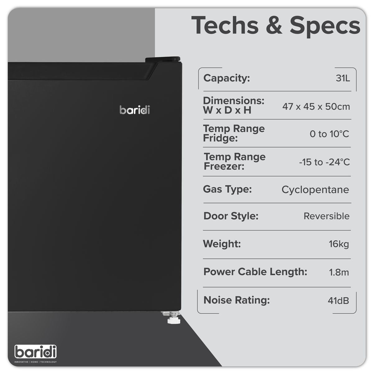 Sealey DH255 Baridi Mini Tabletop Fridge/Freezer 31L Capacity Black