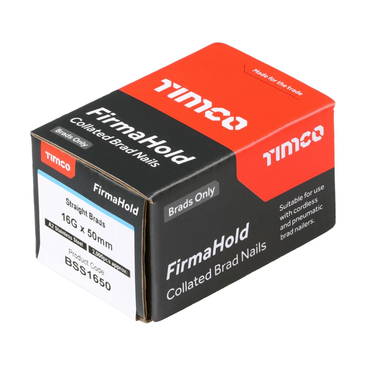 FirmaHold 50mm A2 Stainless Steel 16 Gauge 2000 Straight Collated Brad Nails BSS1650