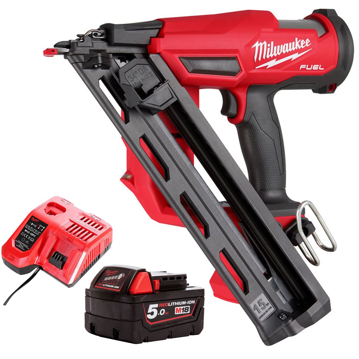 Milwaukee M18FN15GA-0 18V Brushless Angled Finish Nailer with 1 x 5.0Ah Battery & Charger