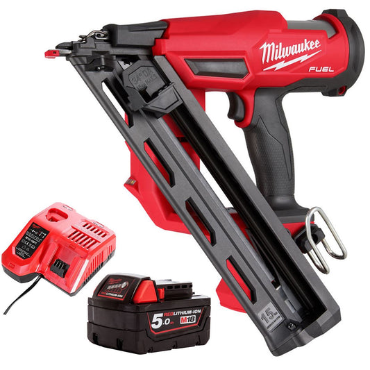 Milwaukee M18FN15GA-0 18V Brushless Angled Finish Nailer with 1 x 5.0Ah Battery & Charger