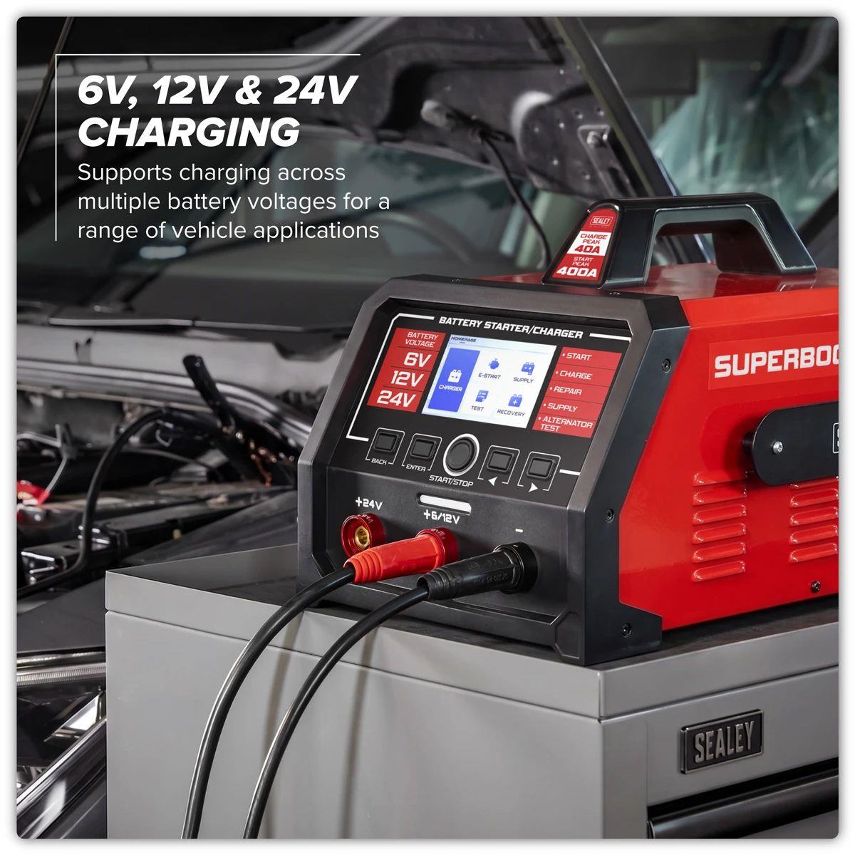 Sealey SUPERBOOST400E 6/12/24V Battery Starter/Charger 400A/230V
