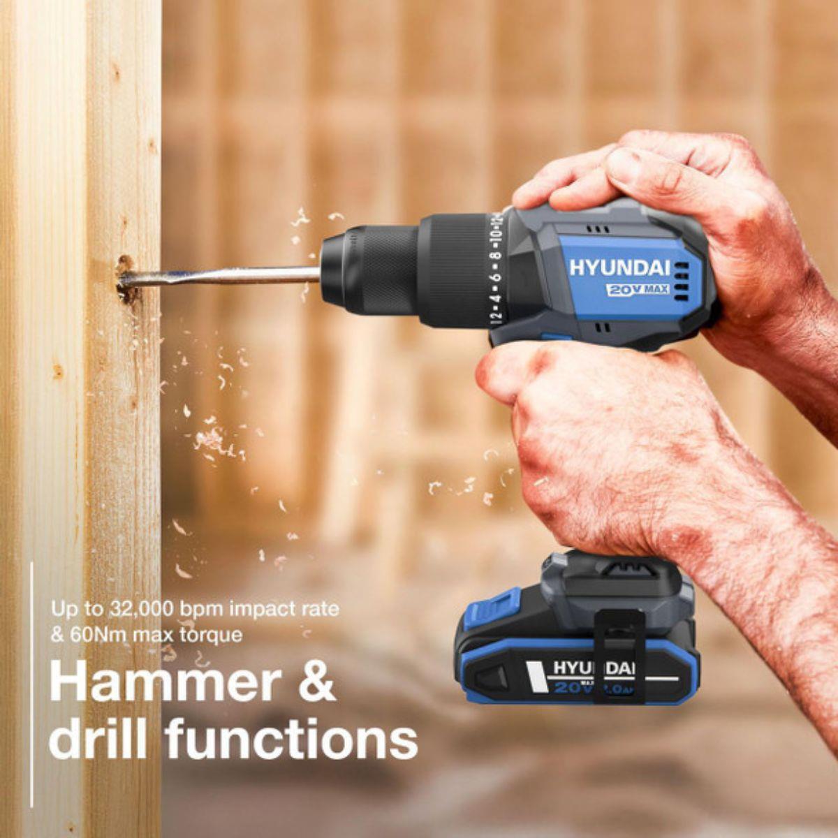 Hyundai S02-FTB 20V Hammer Drill and Angle Grinder 115mm Brushless Kit 2.0Ah/4.0Ah Li-ion Battery & 2A Charger