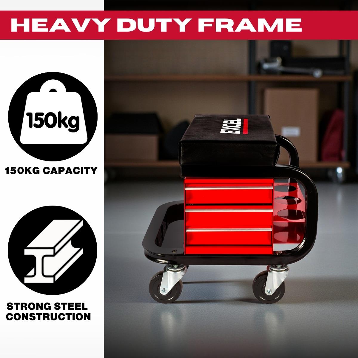 Excel Utility Seat with Toolbox – Padded Rolling Work Stool with 3 Drawers, Can Holders & 150kg Load Capacity