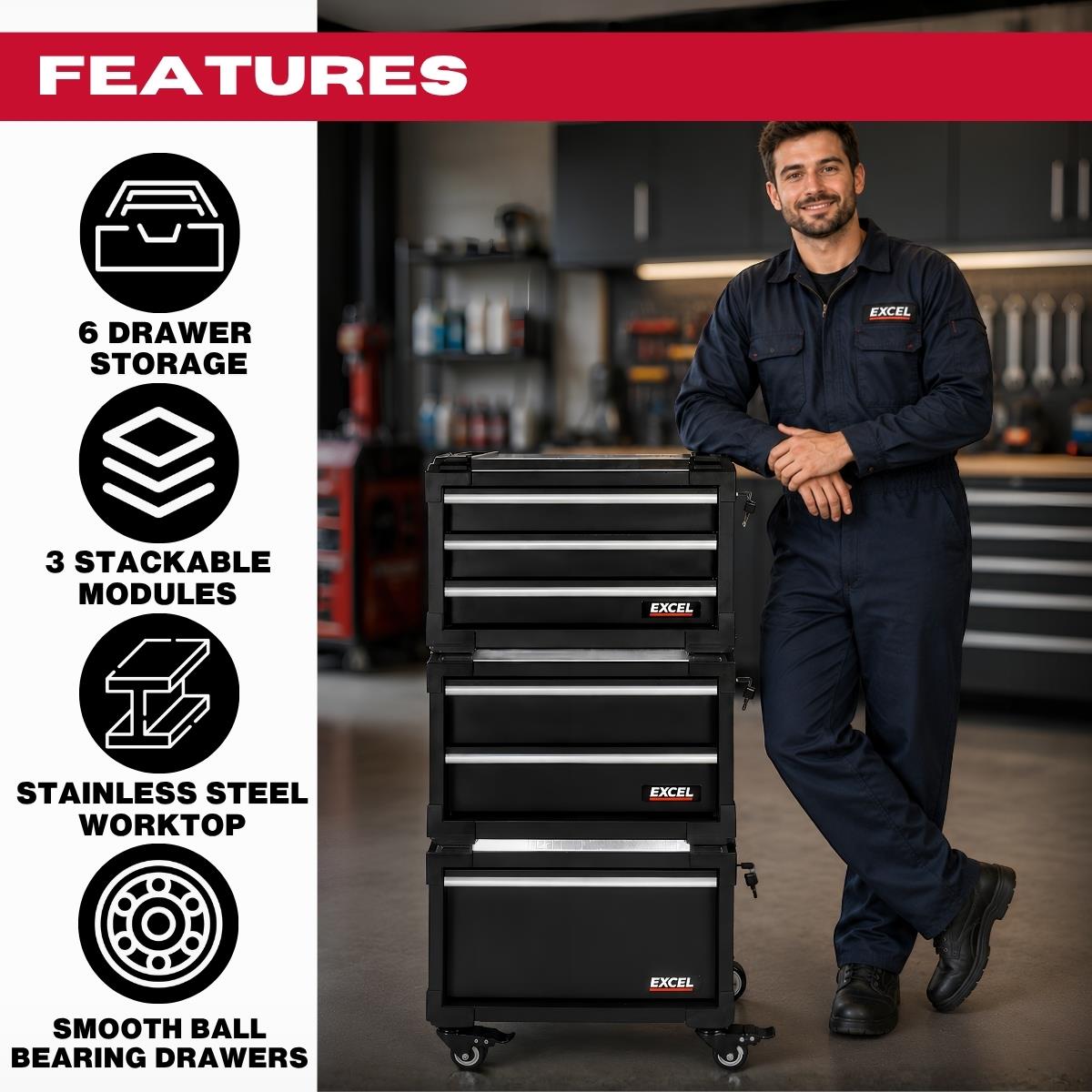 Excel 6 Drawer Modular Rolling Tool Box Stackable with Stainless Steel Worktop