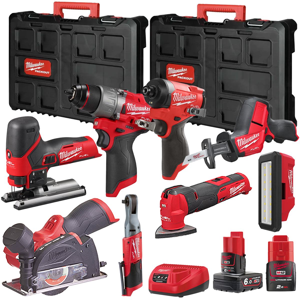 Milwaukee M12FPP7B2-647P 12V Fuel 8 Piece Powerpack Tool Kit with 1 x 6.0Ah & 2.0Ah Batteries, Charger & Case
