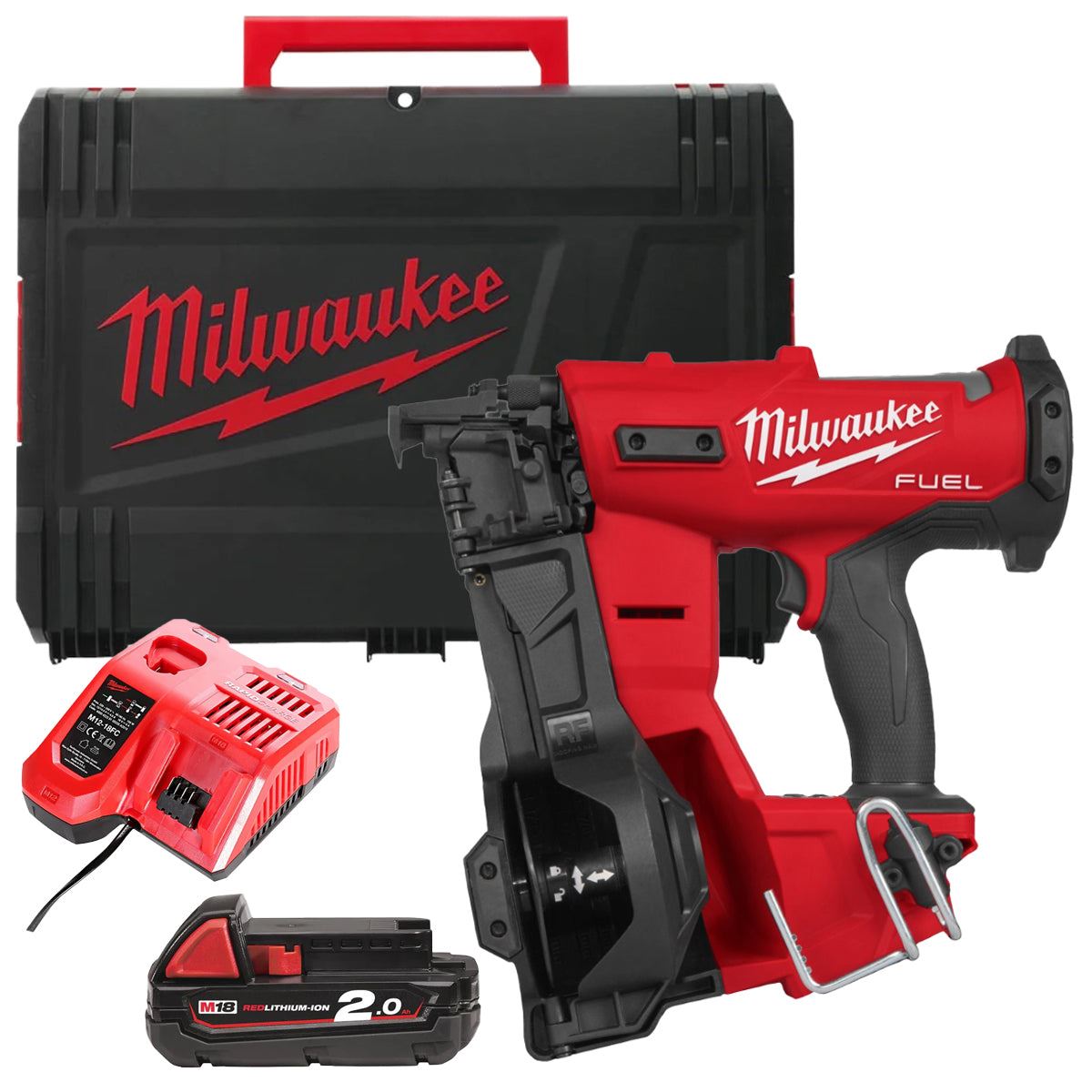 Milwaukee M18FRCN45-0X 18V Brushless Roofing Coil Nailer with 1 x 2.0Ah Battery Charger & Case