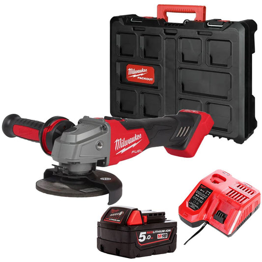 Milwaukee M18FSAG115X-0 18V Fuel Brushless Angle Grinder with 1 x 5.0Ah Battery Charger & Empty Tool Box (Without Inlay)