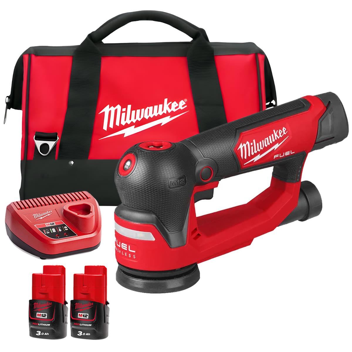 Milwaukee M12FSDR75-0B 12V Brushless 75mm Random Orbit Sander with 2 x 3.0Ah Batteries Charger & Bag