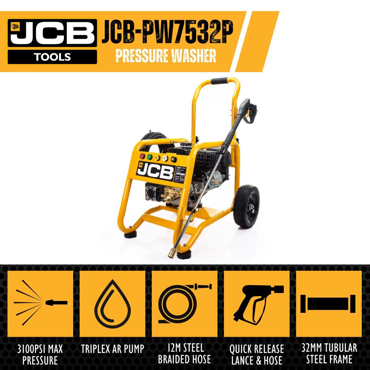 JCB PW7532P Petrol Pressure Washer 3100psi/213bar, Annovi Reverberi Triplex AR Pump 10.7l/min Flow Rate