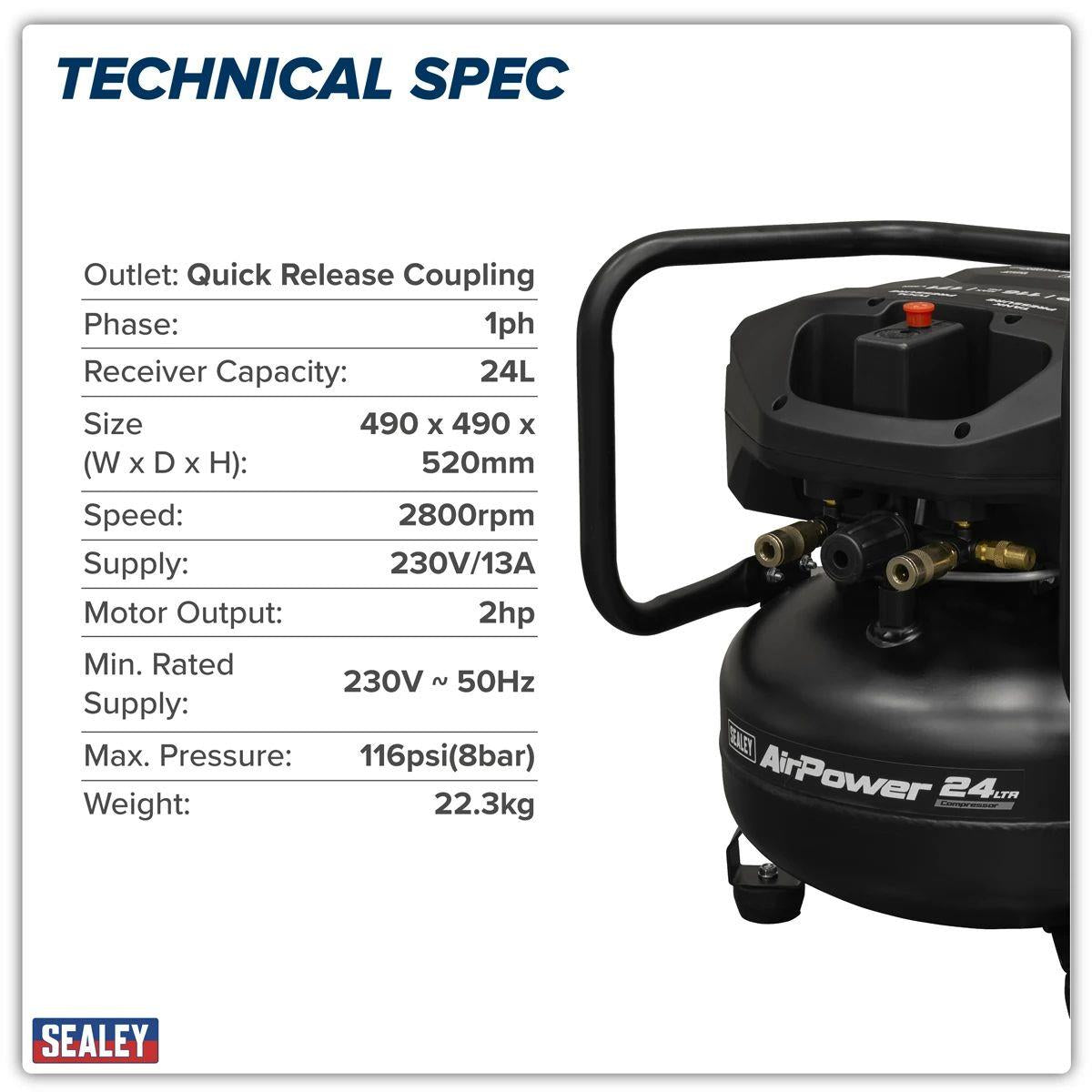 Sealey SAC24V 24L Oil Free Belt Drive Vertical Compressor 2hp & 230V/13A
