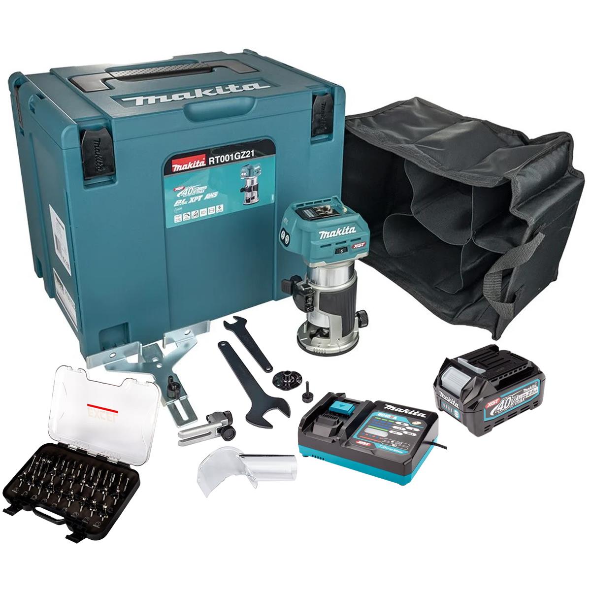 Makita RT001GZ21 40V XGT Brushless Trimmer With 1 x 2.5Ah Battery Charger & 35 Piece Cutter Set