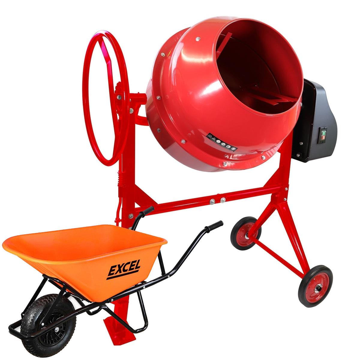 Excel 180L Portable Cement Concrete Mixer 240V/800W with Wheels & 100L Wheelbarrow Orange HDPE Tray