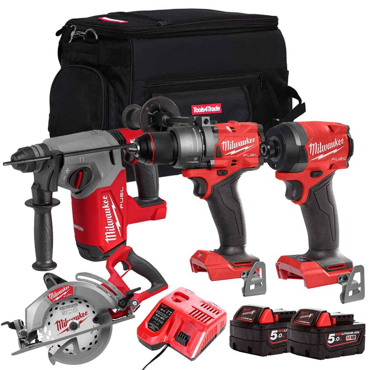 Milwaukee M18FPP7Z-502B 18V Brushless 4 Piece Power Tool Kit With 2 x 5.0Ah Batteries Charger & Bag