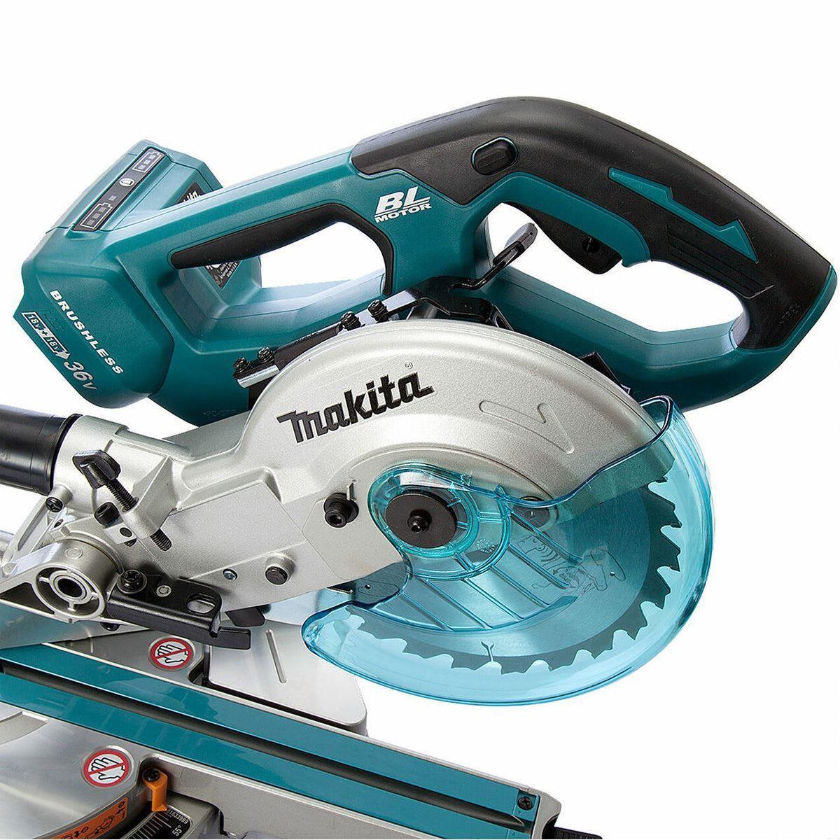 Makita DLS714NZ 36V LXT Brushless 190mm Slide Compound Mitre Saw with 2 x 6.0Ah Battery, Charger & Mitre Saw Stand