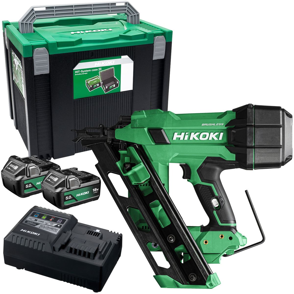 Hikoki NR1890DCAJPZ 18V Brushless 2nd Generation 90mm Clipped Head Framing Nailer with 2 x 5.0Ah Battery Charger & Case