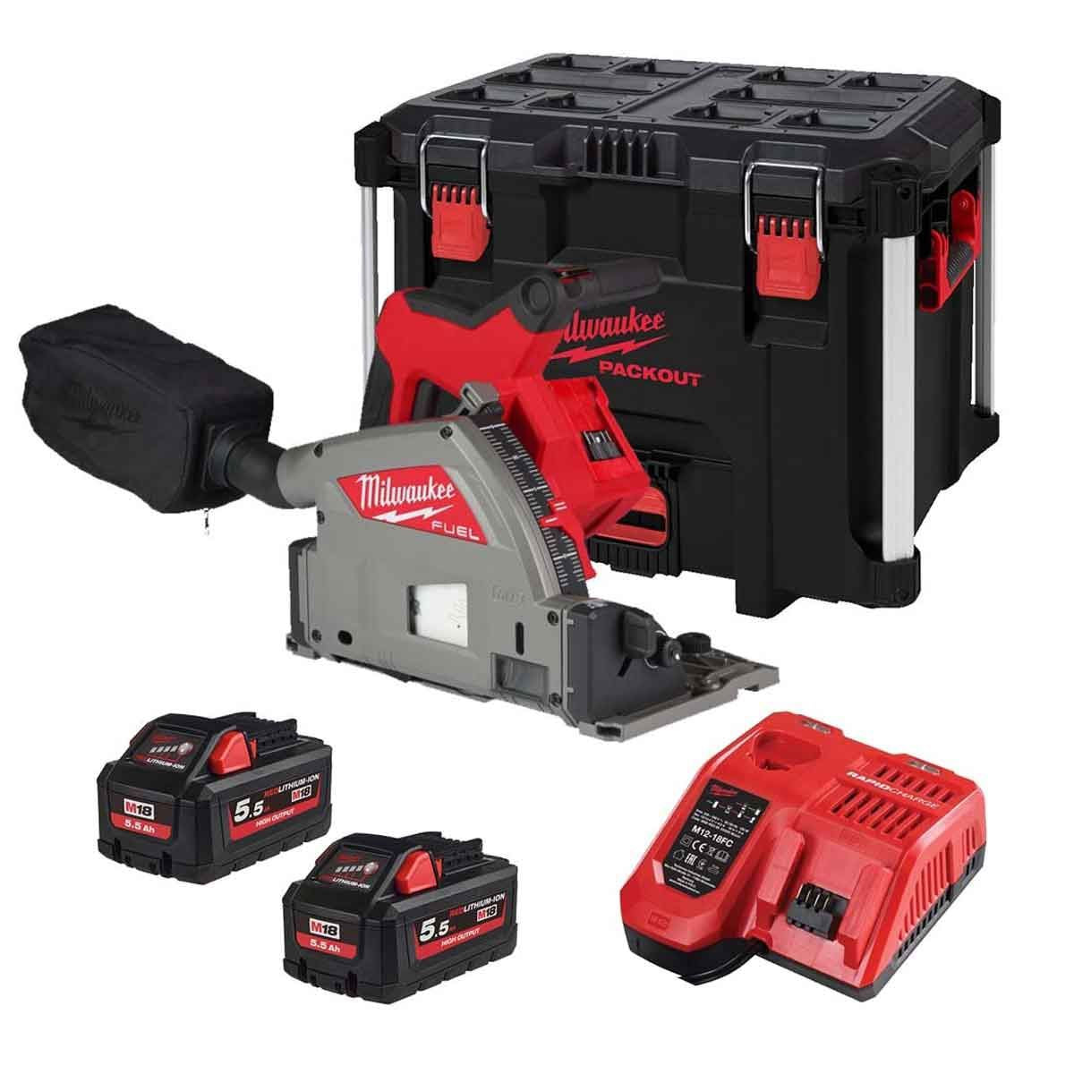 Milwaukee M18FPS55-552P 18V 165mm Fuel Brushless Plunge Saw + 2 x 5.5Ah Battery with Blade & Guide Rail Kit
