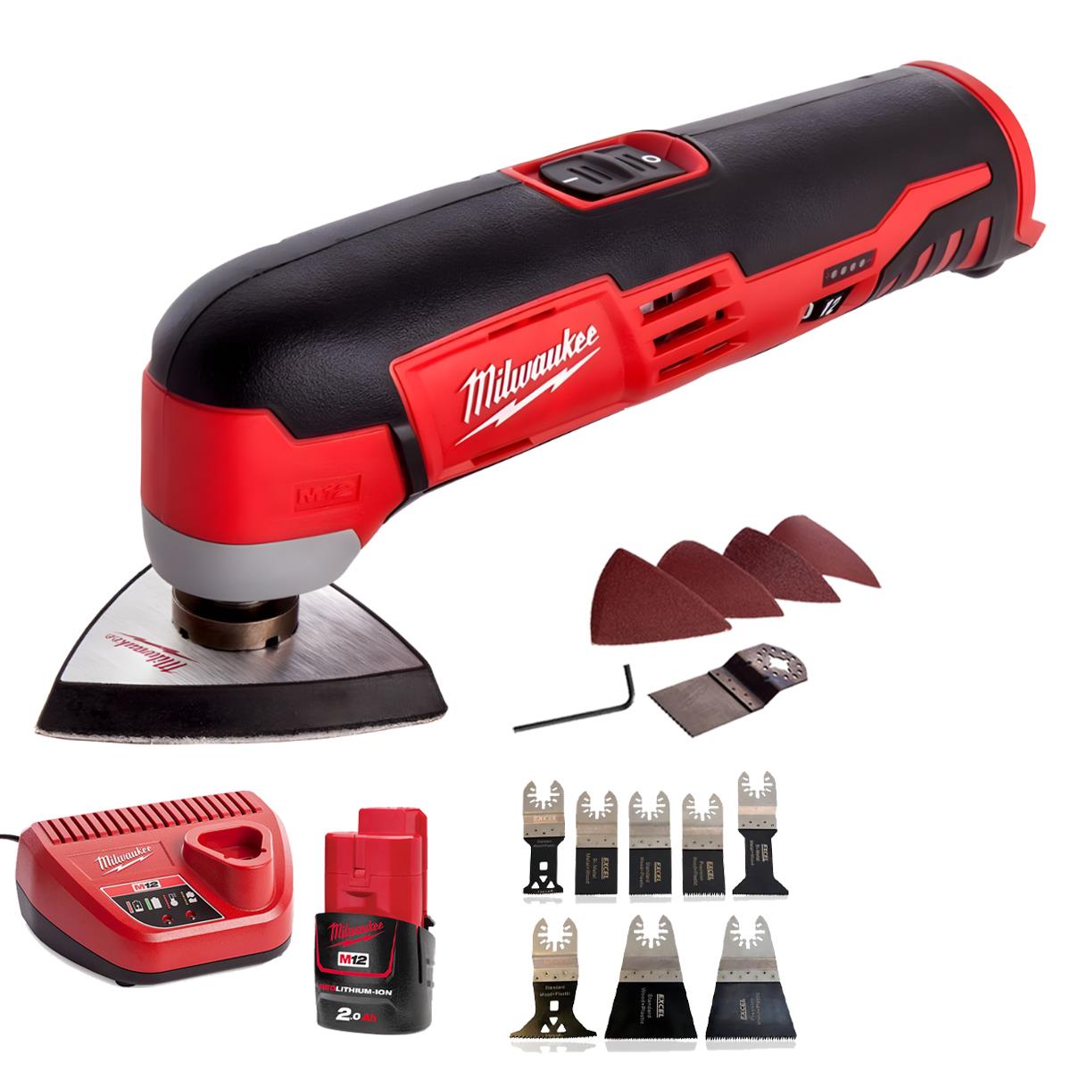Milwaukee M12C12MT-0 M12 12V Sub Compact Multi-Tool With 1 x 2.0Ah Battery Charger & 8 pieces Accessories Set