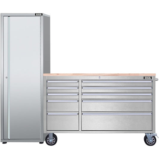 Excel 55inch 10 Drawer Stainless Steel Workbench Roller Tool Chest Cabinet & Tall Cabinet