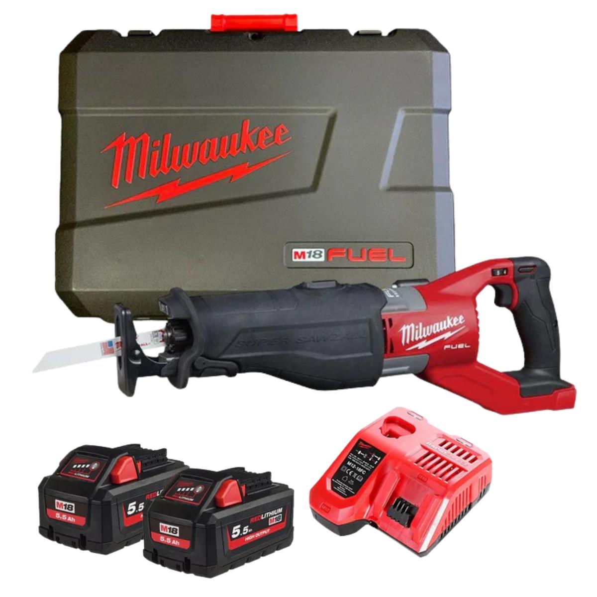 Milwaukee M18FSX-0 18V M18 FUEL Sawzall Reciprocating Saw with 2 x 5.5Ah Batteries Charger & Case