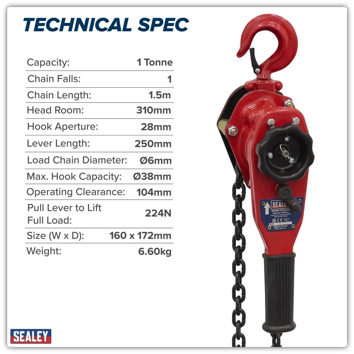 Sealey LH1000 1000kg Capacity Steel Lever Hoist