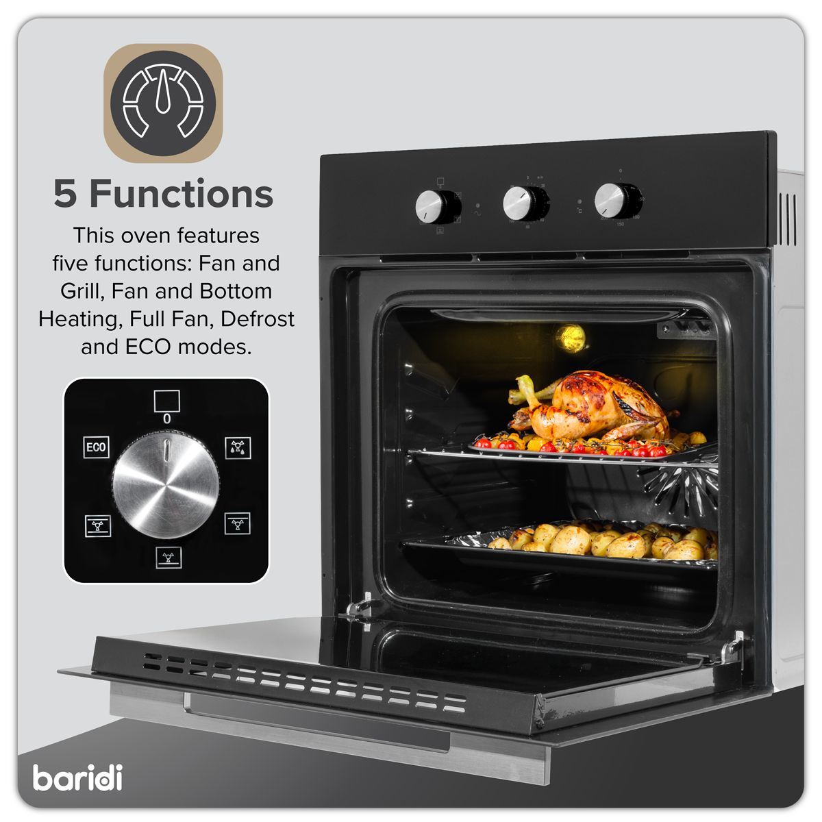 Sealey DH110 Baridi Built-In 5-Function Fan Assisted Oven with Timer 60cm, 55L Capacity