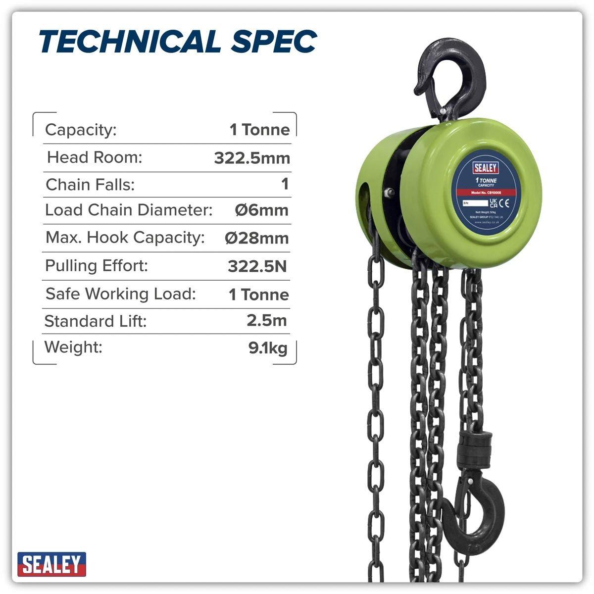 Sealey CB1000E 2.5m Chain Block 1 Tonne