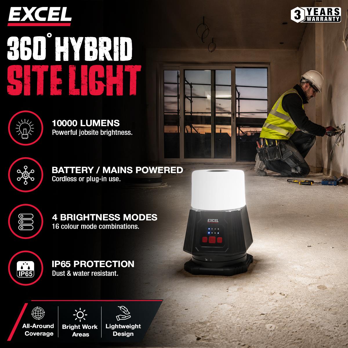 Excel 18V/240V 10000 Lumens Hybrid 360° Site Light