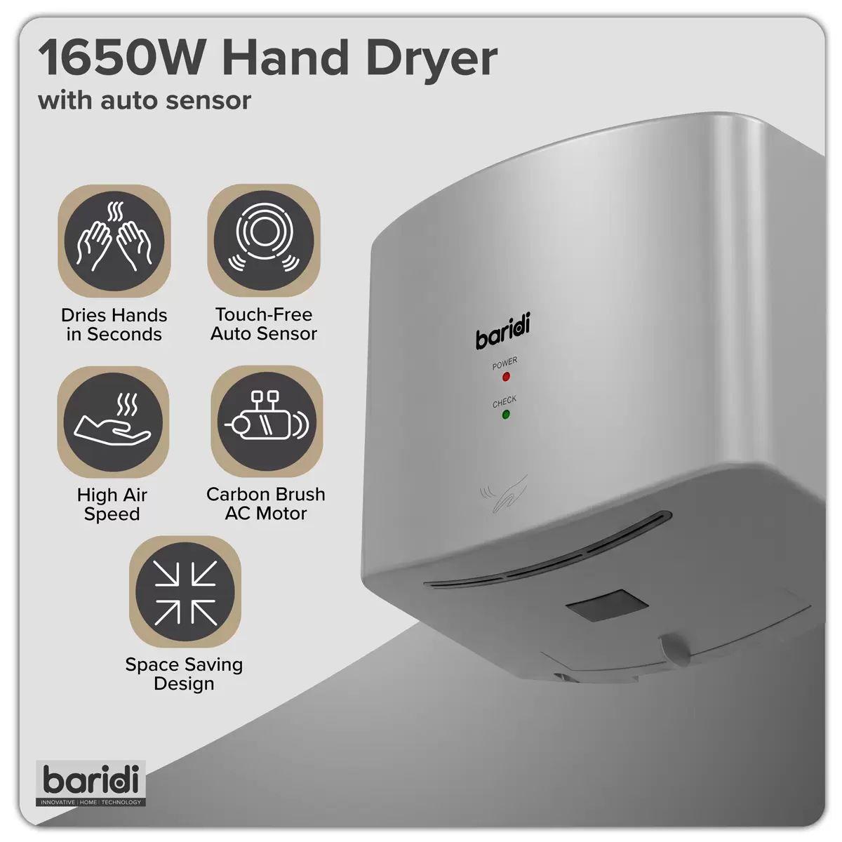 Sealey DH379 Baridi High Speed Hand Dryer with Auto-Sensor 1400-1650W/230V Silver