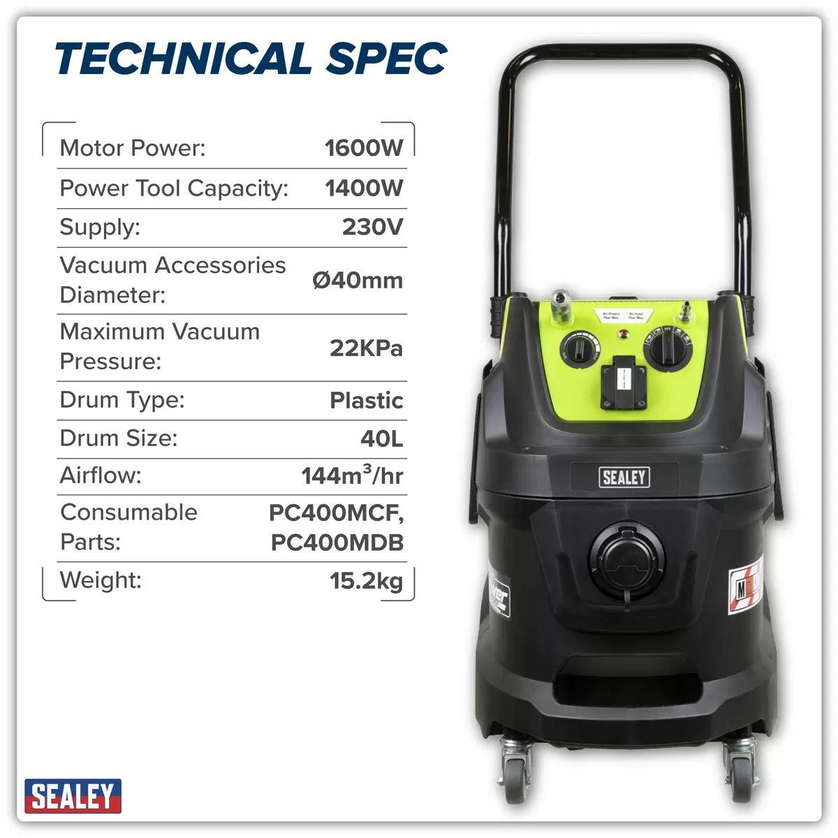 Sealey PC400MA M Class Dust-Free Industrial Wet & Dry Vacuum Cleaner 40L with Autostart for Air 1600W/230V