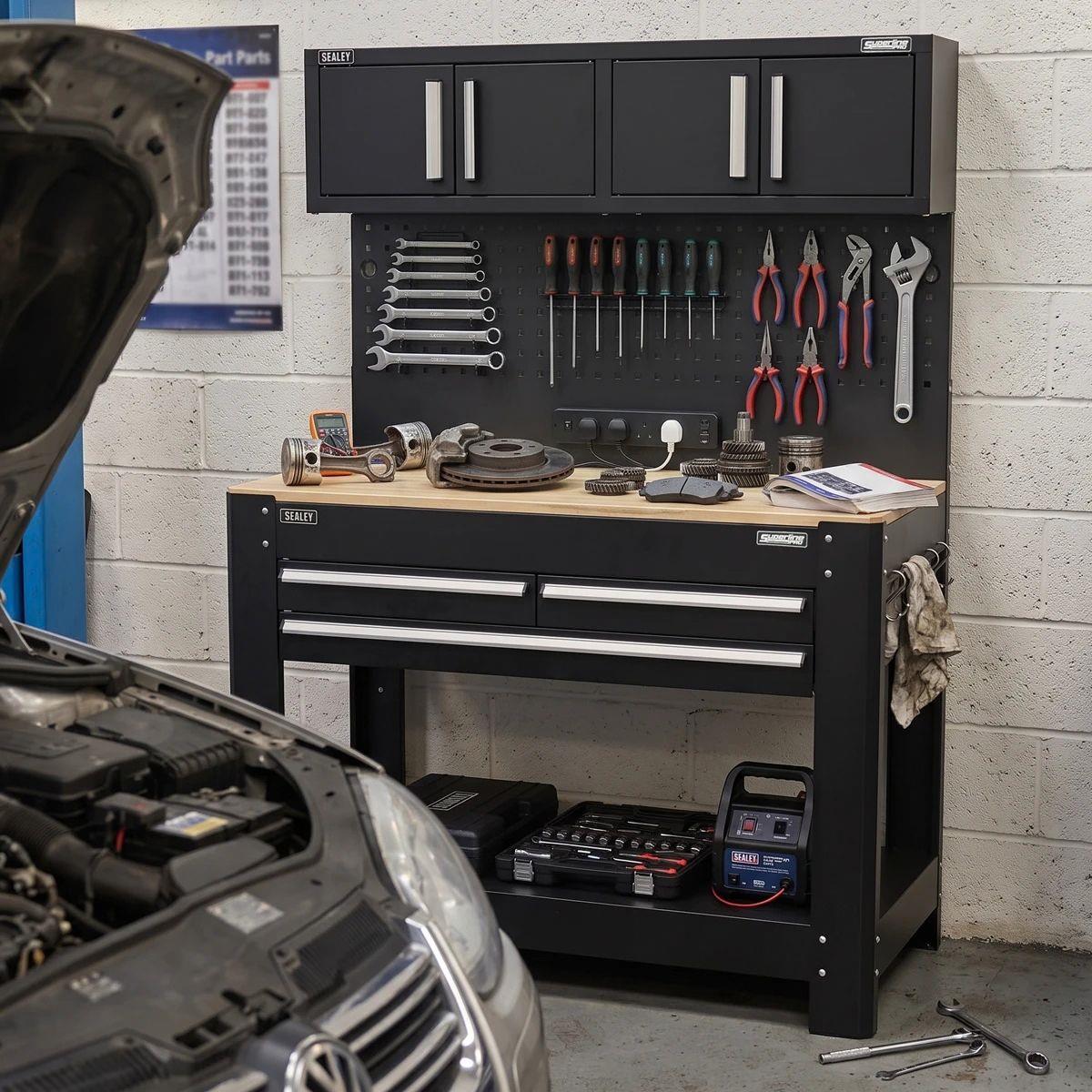 Sealey AP12701 Superline PRO Workbench with Pegboard Back Panel, Power Bar & Wooden Worktop